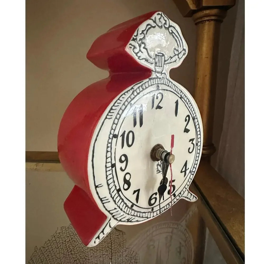 Anthropologie Tick Tock Clock MOLLY HATCH Red Ceramic, White Face
